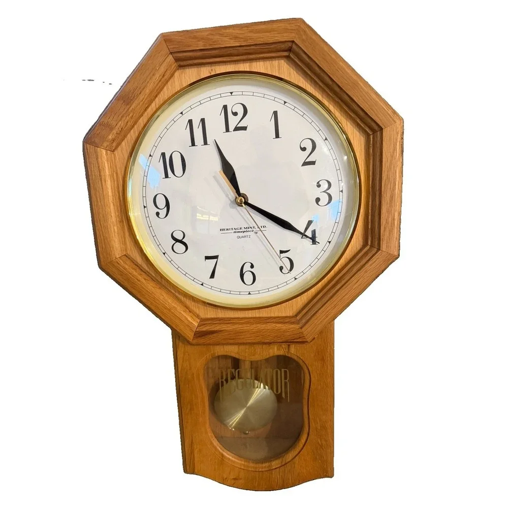 Heritage Mint Ltd Regulator Wall Clock Oak Wood Octagon Quartz Pendulum 20 inch